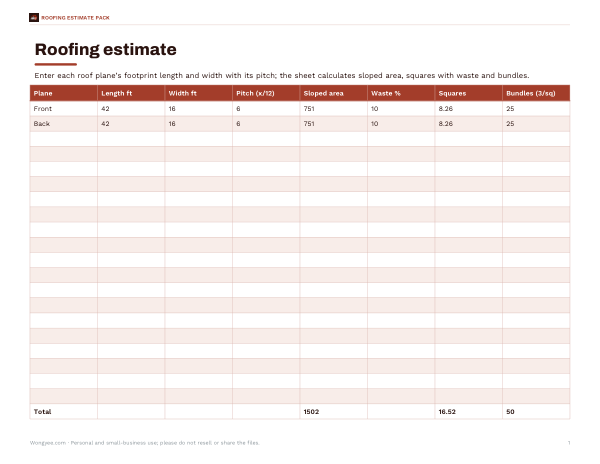 Preview of Printable Shingle Estimate Worksheet