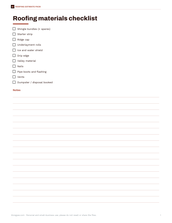 Preview of Printable Roofing Materials Checklist